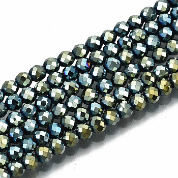 Electroplate Non-magnetic Synthetic Hematite Beads Strands, Round, Faceted, Yellow Green, 3mm, Hole: 0.8mm, about 137~139pcs/strand, 15.55 inch~15.67 inch(39.5cm~39.8cm)