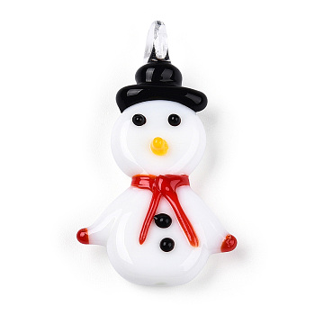 Christmas Theme Handmade Lampwork Pendants, Snowman Charm, White, 37.5x21.5x8.5mm, Hole: 3.5mm