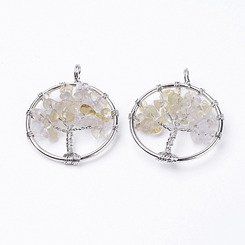 Natural Citrine Pendants, with Brass Findings, Flat Round with Tree of Life, Platinum, 29x5~7mm, Hole: 4.5mm