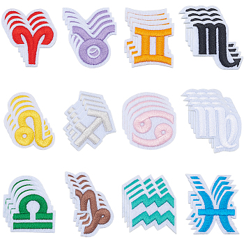 48Pcs 12 Constellations Polyester Iron on Sew on Patches, Appliques, Mixed Shapes, Mixed Shapes, 31~39x29~42x2mm