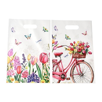 50Pcs 2 Styles Floral Bike Printed Plastic Gift Storage Tote Bags, Party Favor Bags with Die-Cut Handles, Rectangle, Mixed Color, 25x16.5x0.01cm, about 25pcs/style