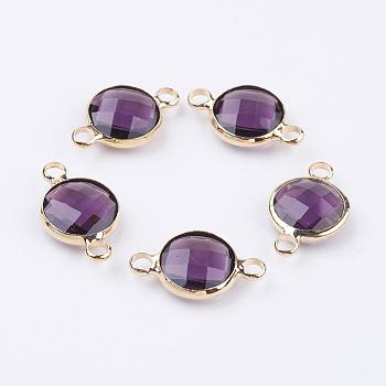 Golden Tone Brass Glass Links connectors, Faceted, Flat Round, Purple, 16x10.5x4mm, Hole: 1.5mm