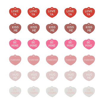 30Pcs 6 Colors Valentine's Day Opaque Acrylic Pendants, Heart with Word, Mixed Color, 27x30x1.7mm, Hole: 2.3mm, 5pcs/color