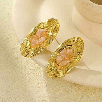 Oval Stainless Steel Stud Earrings, Real 18K Gold Plated, with Natural Rose Quartz, 36x18mm