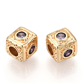 Brass Micro Pave Cubic Zirconia Beads, Cube, Real 18K Gold Plated, Medium Purple, 7.5x7.5x7.5mm, Hole: 3mm