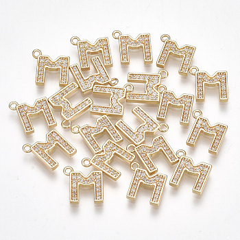 Brass Cubic Zirconia Charms, Letter, Clear, Real 18K Gold Plated, Letter.M, 10x9x1.5mm, Hole: 1mm