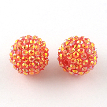 AB-Color Resin Rhinestone Beads, with Acrylic Round Beads Inside, for Bubblegum Jewelry, Tomato, 12x10mm, Hole: 2~2.5mm