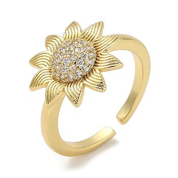 Sunflower Rack Plating Brass Micro Pave Cubic Zirconia Cuff Finger Rings for Women,  Cadmium Free & Lead Free, Long-Lasting Plated, Real 18K Gold Plated, 15mm, Inner Diameter: adjustable