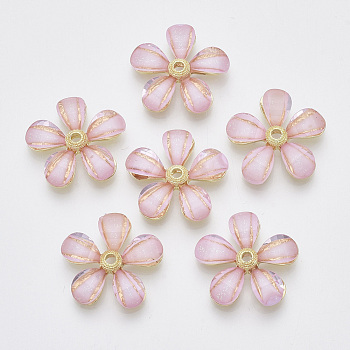 Resin Beads, with Light Gold Tone Alloy Findings, Flower, Pink, 22x23x4.5mm, Hole: 2mm