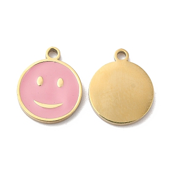 Ion Plating(IP) 316L Surgical Stainless Steel Charms, with Enamel, Flat Round with Smiling Face Charm, Real 18K Gold Plated, 12x10x1.4mm, Hole: 1.2mm