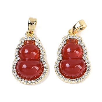 Brass Micro Pave Cubic Zirconia Pendants, with Carnelian, Gourd, Real 18K Gold Plated, 18.5x12x5.5mm, Hole: 4x2mm