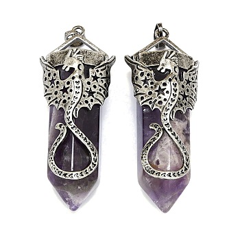 Natural Amethyst Faceted Pointed Bullet Big Pendants, Rack Plating Antique Silver Plated Alloy Dragon Charms, Cadmium Free & Lead Free, 55~58.5x22.5~23x18.5mm, Hole: 4.8x7.8mm