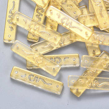 Transparent Spray Painted Glass Links connectors, with Glitter Powder, Rectangle, Gold, 30x7x3mm, Hole: 1.2mm