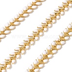 Brass Enamel Leaf Link Chains, Soldered, Long-Lasting Plated, with Spool, Golden, White, Link: 6x7x2mm, about 32.81 Feet(10m)/Roll(CHC-F021-02G-06)