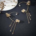 1 Pair Alloy Glass Tassel Cuff Earrings for Women, Butterfly with Rose, Golden, 112x43mm(EJEW-LP0001-65)