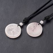 Natural Rose Quartz Flat Round with Tree of Life Pendant Necklace with Nylon Cord for Women, 25.59~27.95 inch(65~71cm)(NJEW-P274-03-06)