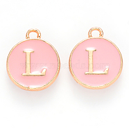 Golden Plated Alloy Enamel Charms, Cadmium Free & Lead Free, Enamelled Sequins, Flat Round with Letter, Pink, Letter.L, 14x12x2mm, Hole: 1.5mm(X-ENAM-S118-07L)