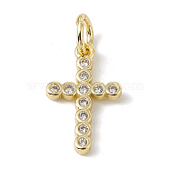 Brass Micro Pave Cubic Zirconia Charms, with Jump Rings, Religion Cross Charms, Real 18K Gold Plated, 14x9x1.5mm, Hole: 3.4mm(ZIRC-F132-01G)
