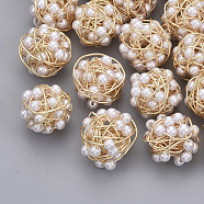 Brass Wire Beads, with ABS Plastic Imitation Pearl, Nickel Free, Real 18K Gold Plated, White, 14x14.5x14.5mm(KK-S354-010-NF)