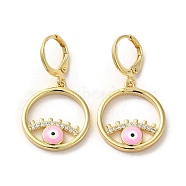 Evil Eye Real 18K Gold Plated Brass Dangle Leverback Earrings, with Enamel and Cubic Zirconia, Pink, 33.5x18.5mm(EJEW-Q797-09G-05)