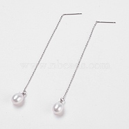 Cultured Freshwater Pearl Dangle Stud Earrings, Ear Thread, with 304 Stainless Steel Findings, Cardboard Boxes, White, 96~98x1mm, Pin: 0.8mm(EJEW-JE02756-01)