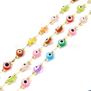 Handmade Brass Cable Chain, with Glass Evil Eye Beaded, Long-Lasting Plated, Soldered, with Spool, Colorful, 13.5x6x4mm(CHC-D032-15G)