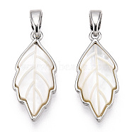 Brass Pave Shell Pendants, Leaf Charms, Platinum, 20x9x3mm, Hole: 2x4.5mm(KK-G497-06P)