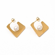 Ion Plating(IP) 304 Stainless Steel Rectangle Stud Earrings, Plastic Imitation Pearl Beaded Half Hoop Earrings for Women, Golden, 21x21x8mm, Pin: 0.8mm(EJEW-E278-01G)