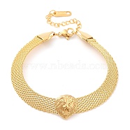 304 Stainless Steel Lion Link Bracelet with Mesh Chains, Golden, 7-1/8 inch(18cm)(BJEW-E091-01G)
