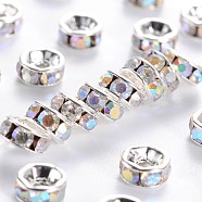 Brass Grade A Rhinestone Spacer Beads, Silver Color Plated, Nickel Free, Crystal AB, 5x2.5mm, Hole: 1mm(RSB035NF-02)