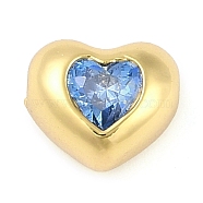 Brass Micro Pave Cubic Zirconia Beads, Heart, Deep Sky Blue, 7x8x5mm, Hole: 1.2mm(KK-L219-21G-02)