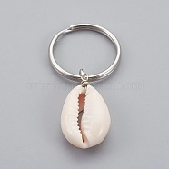 Cowrie Shell Keychain, with 316 Surgical Stainless Steel Keychain Clasps, Bisque, Stainless Steel Color, 55mm(KEYC-JKC00176)