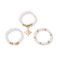 3Pcs 3 Styles Natural Rose Quartz Beaded Stretch Rings Set, Stackable Rings with Brass Star Charms, Inner Diameter: 21~22mm, 1Pc/style(RJEW-JR00647-02)