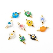 Handmade Millefiori Glass Links Connectors, with Golden 304 Stainless Steel Loops, Flower, Mixed Color, 25x12x4mm, Hole: 1.6~1.8mm(PALLOY-JF00733)