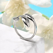 304 Stainless Steel Open Cuff Rings for Unisex, Leaf, Stainless Steel Color, US Size 7 1/4(17.5mm)(RJEW-R010-07S)