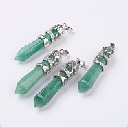 Natural Green Aventurine Big Pointed Pendants, with Alloy Findings, Faceted, Bullet, Platinum, 59~63x11~12mm, Hole: 4x7mm(G-G738-A-34)