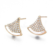 Brass Micro Pave Clear Cubic Zirconia Earring Findings, with Shell, Nickel Free, Fan, Real 18K Gold Plated, 11.5x12mm, Hole: 1mm, Pin: 0.8mm(KK-S356-359-NF)