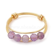 Natural Round Amethyst Beaded Finger Rings, with Golden Copper Wire Wrapped Rings, US Size 8 1/2(18.5mm), 1.5~6mm(RJEW-TA00118-01)