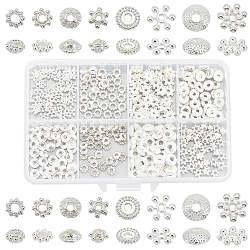 320Pcs 8 Styles Tibetan Style Alloy Beads, Mixed Shapes, Silver, 5~8x1.5~3mm, Hole: 1~3mm, 40pcs/style(FIND-SC0020-28)