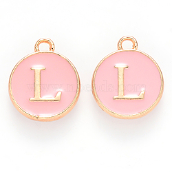Golden Plated Alloy Enamel Charms, Cadmium Free & Lead Free, Enamelled Sequins, Flat Round with Letter, Pink, Letter.L, 14x12x2mm, Hole: 1.5mm(X-ENAM-S118-07L)