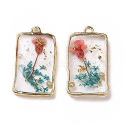 Transparent Clear Epoxy Resin Pendants, with Edge Golden Plated Alloy Loops, Rectangle Charms with Inner Flower, Dark Cyan, 26x14.5x3mm, Hole: 2mm(RESI-L036-04G-02)