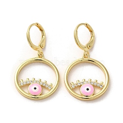 Evil Eye Real 18K Gold Plated Brass Dangle Leverback Earrings, with Enamel and Cubic Zirconia, Pink, 33.5x18.5mm(EJEW-Q797-09G-05)