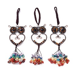 Natural Tiger Eye Big Pendant Decorations, with Brass Findings, Owl, Cadmium Free & Lead Free, 173mm(G-P459-05B)