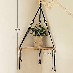 1-Tier Wooden Corner Shelf Wall Hanging, Cotton Rope Macrame Tassel Floating Shelves for Plants Pots Photo Frames, Black, 750x325mm(PW-WG37940-05)