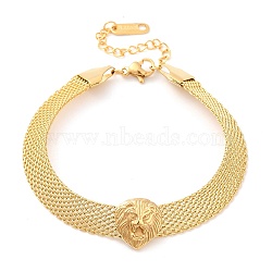 304 Stainless Steel Lion Link Bracelet with Mesh Chains, Golden, 7-1/8 inch(18cm)(BJEW-E091-01G)