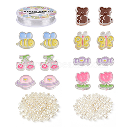 DIY Animal and Flower Beads Kid Bracelet DIY Making Kit, Including Transparent Acrylic Enamel Beads, ABS Plastic Pearl Beads, Elastic Thread, Mixed Color, Beads: 214Pcs/set(DIY-YW0004-98)