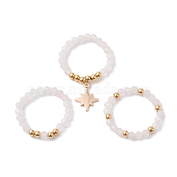 3Pcs 3 Styles Natural Rose Quartz Beaded Stretch Rings Set, Stackable Rings with Brass Star Charms, Inner Diameter: 21~22mm, 1Pc/style(RJEW-JR00647-02)