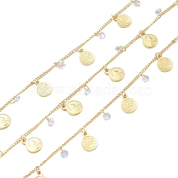 3.28 Feet Handmade Brass Curb Chains, Soldered, with Flat Round Coin Charm, Clear Cubic Zirconia, Long-Lasting Plated, Real 18K Gold Plated, 1.5x1mm(X-CHC-I006-13G)