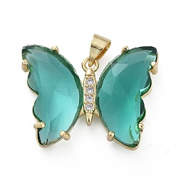 Brass Micro Pave Clear Cubic Zirconia Pendants, with Glass, Butterfly, Golden, Teal, 20x26.5x5mm(ZIRC-P079-A01-12)