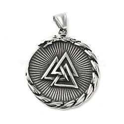 304 Stainless Steel Manual Polishing Pendants, Flat Round with Valknut, Antique Silver, 43x38x4mm, Hole: 4x8.5mm(STAS-G274-18AS)